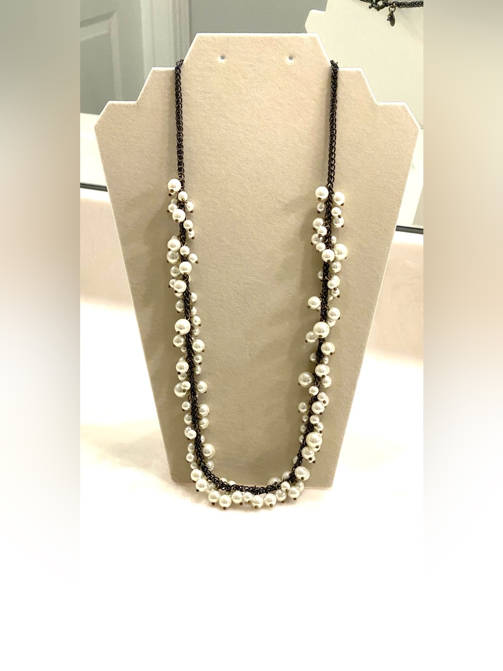 J .Crew Faux Pearl Cha Cha Cluster Gunmetal Link Chain Long Statement Necklace 